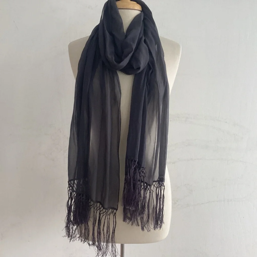 Echo Sheer Gray Silk Scarf with Knotted Fringe